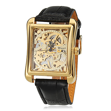 Men's Square Gold Dial Black Leather Band Manual Mechanical Skeleton Wrist Watch