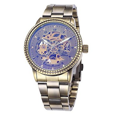 Men's Bronze Skeleton Dial Steel Band Automatic Self Wind Wrist Watch