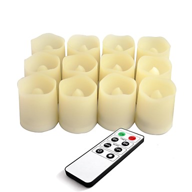 Set of 12 Ivory Color Plastic Flameless LED Votive Candles with Remote and Timer