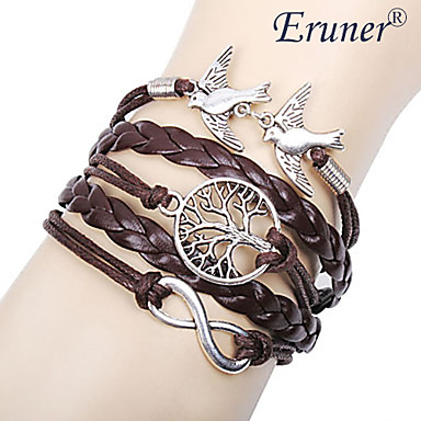 Eruner® Women's Multilayer Alloy Love Birds Life Tree and Infinity Handmade Leather Bracelet