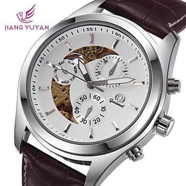 Men's Round Dial Leather Skeleton Mechanical Wristwatch (Assorted Colors)